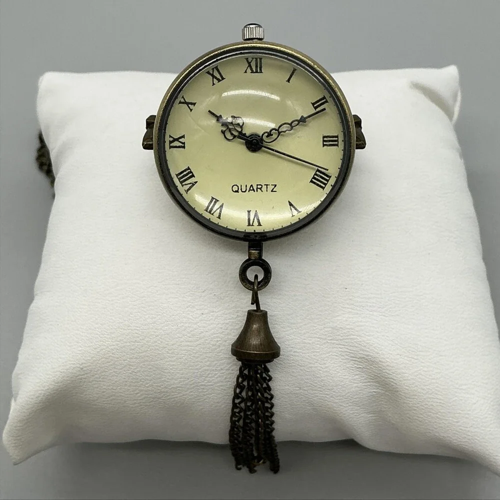 Globe Pendant Necklace Watch Women 32mm Beige Brass Tassel Chain New Battery